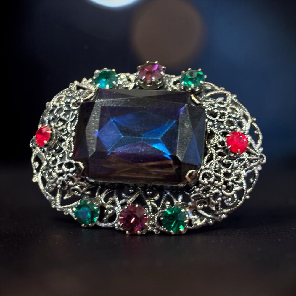 Art Deco Blue Glass Brooch Jewel Tone Filigree Rhinestone Statement Pin